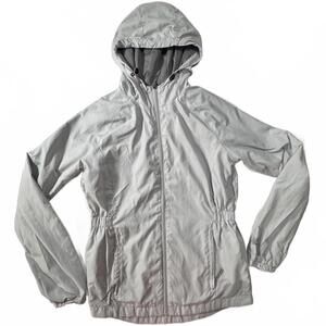 New Balance Windbreaker Raincoat Women's Small Hooded Packable Gray‎